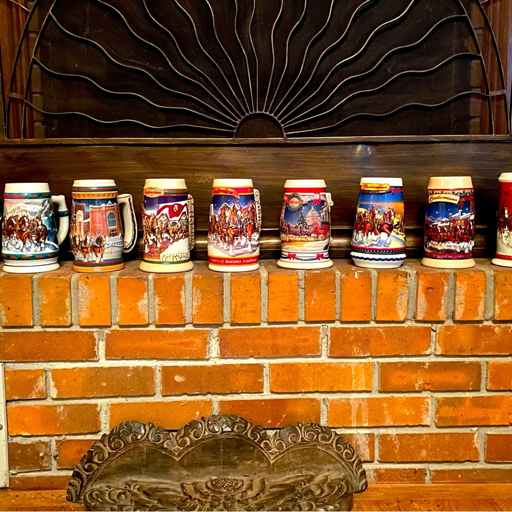 Vintage Budweiser Holiday Beer Steins 9 total. 1991, 1993, 1997-1999, 2001-2004